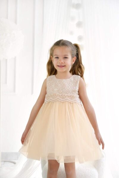 Rebeka Dantel Detaylı Tüllü Kız Çocuk Elbisesi-Kahve Rengi