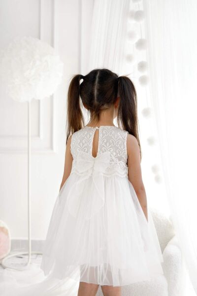 Rebeka Dantel Detaylı Tüllü Kız Çocuk Elbisesi-Ekru