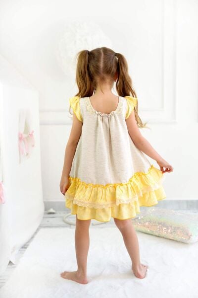 Kız Çocuk Fırfır Detaylı Sarı Fiyonklu Yazlık Elbise - Sarı