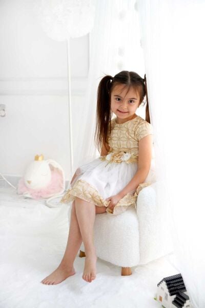 Kız Çocuk Özel Gün Abiye Elbise - Krem & Altın Renkli Çiçek Detaylı