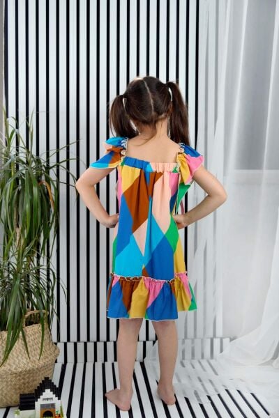 Kız Çocuk Çok Renkli Fırfır Detaylı Elbise