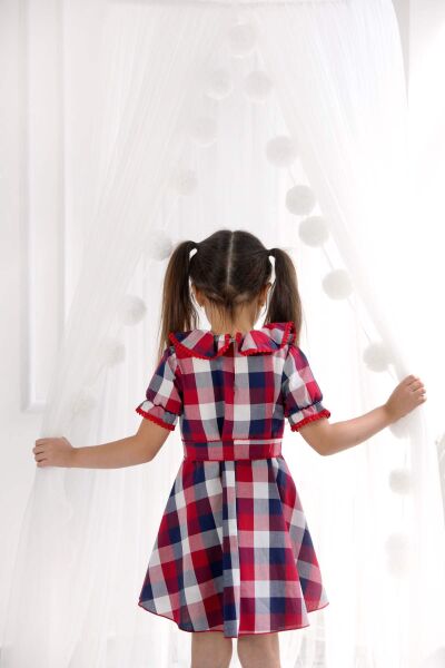 Kız Çocuk Kareli Fırfırlı Elbise- Kırmızı