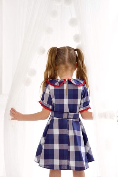 Kız Çocuk Kareli Fırfırlı Elbise - Mavi