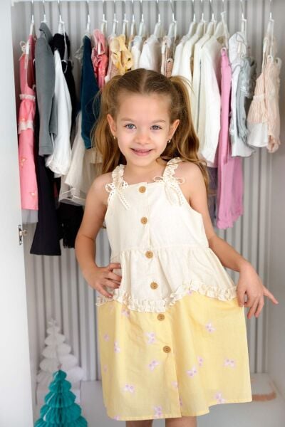 Kız Çocuk Yazlık Düğmeli Askılı Pamuklu Elbise - Sarı