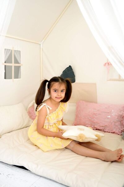 Kız Çocuk Tek Omuz Fırfırlı Yazlık Elbise-Sarı