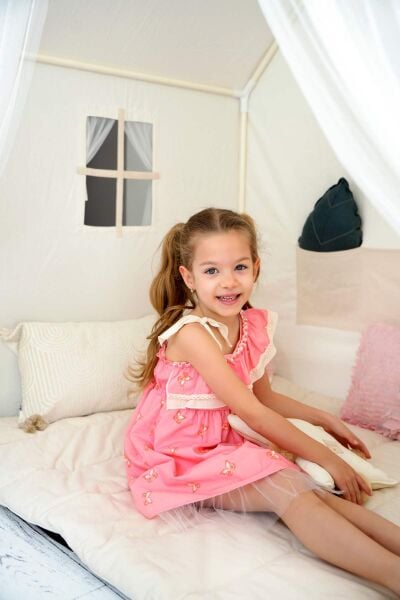 Kız Çocuk Tek Omuz Fırfırlı Yazlık Elbise-Pudra