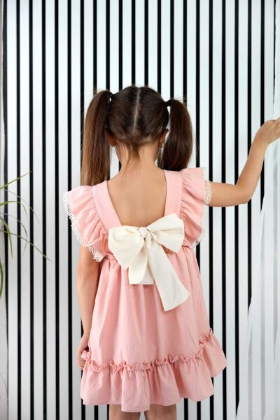 Kız Çocuk Pembe Çiçek Nakışlı Fırfırlı Elbise